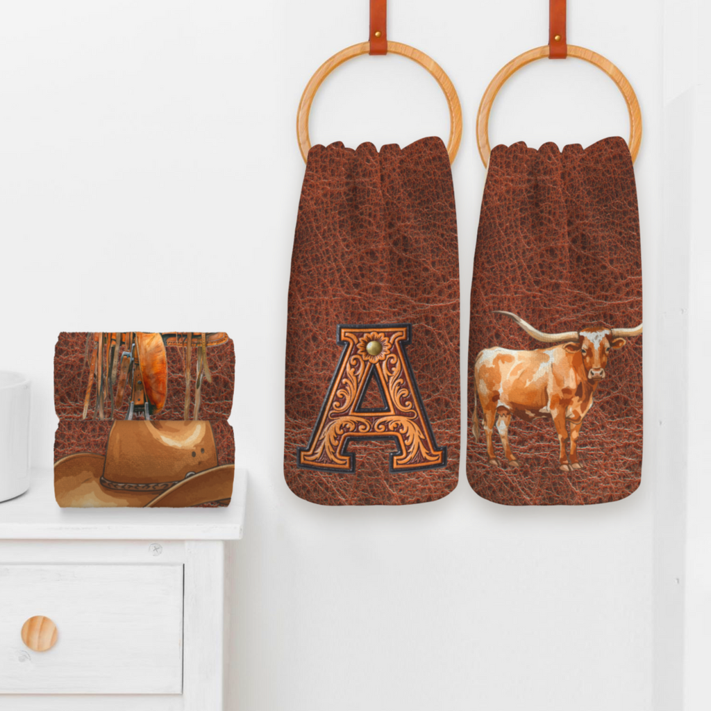 Monogrammed Initial Western Leather Look Saddle Longhorn Cowboy Cowgirl Kitchen Dish Towels Made in America Baha Ranch Western Wear