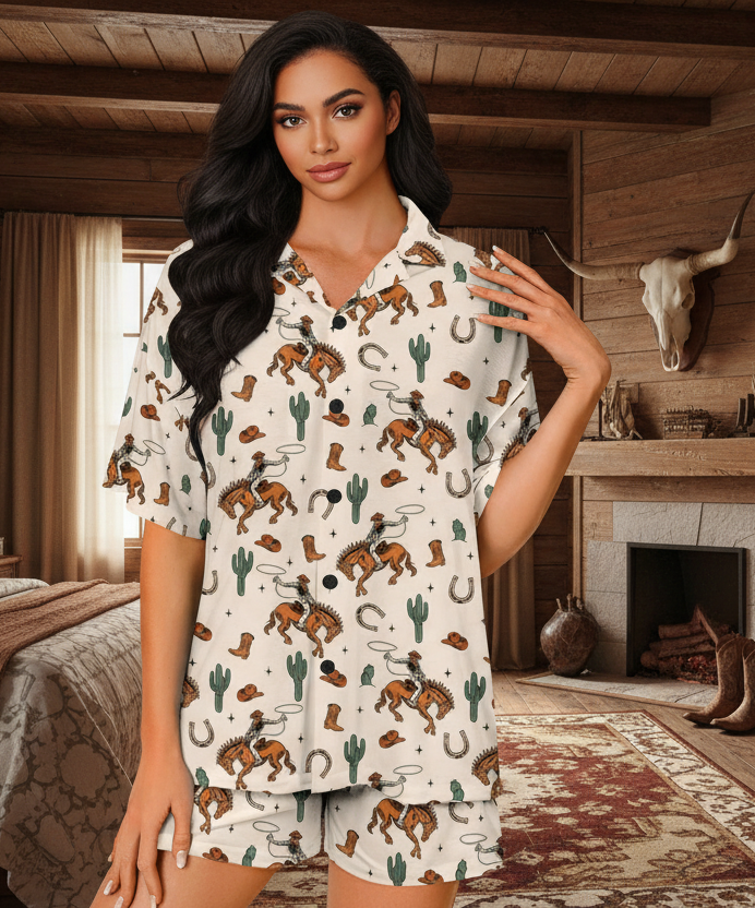 Baha Ranch Hang on Cowboy Women's Pajama Set Made in America Baha Ranch Western Wear