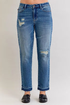 Judy Blue Full Size Mid Rise Bf Patch & Repair Destroyed Release Hem Jeans Plus Size