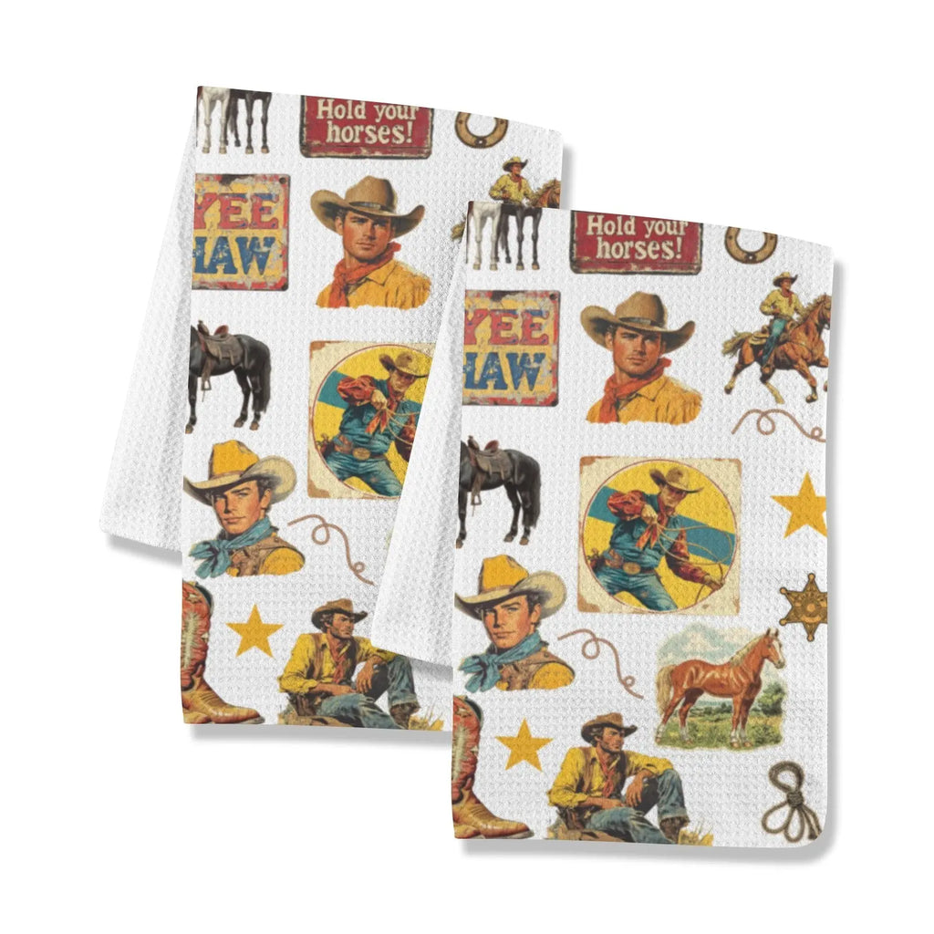Vintage Cowboy Collage Dish Towel Set of 2 Made in America Baha Ranch Western Wear