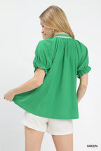 Umgee Textured V-Neck Top with Lace Trim Details