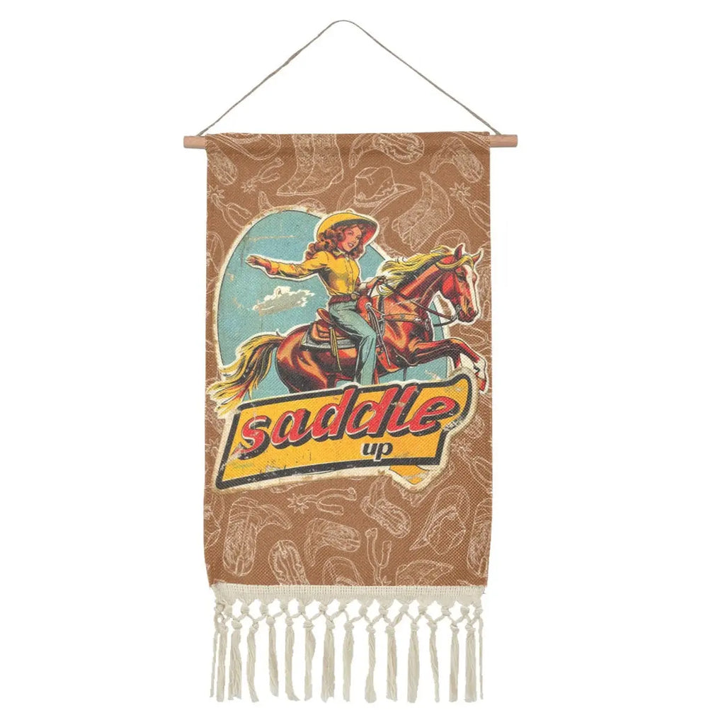 Saddle Up Western Wall Decor Linen Hanging Poster with Fringe Made in America Baha Ranch Western Wear