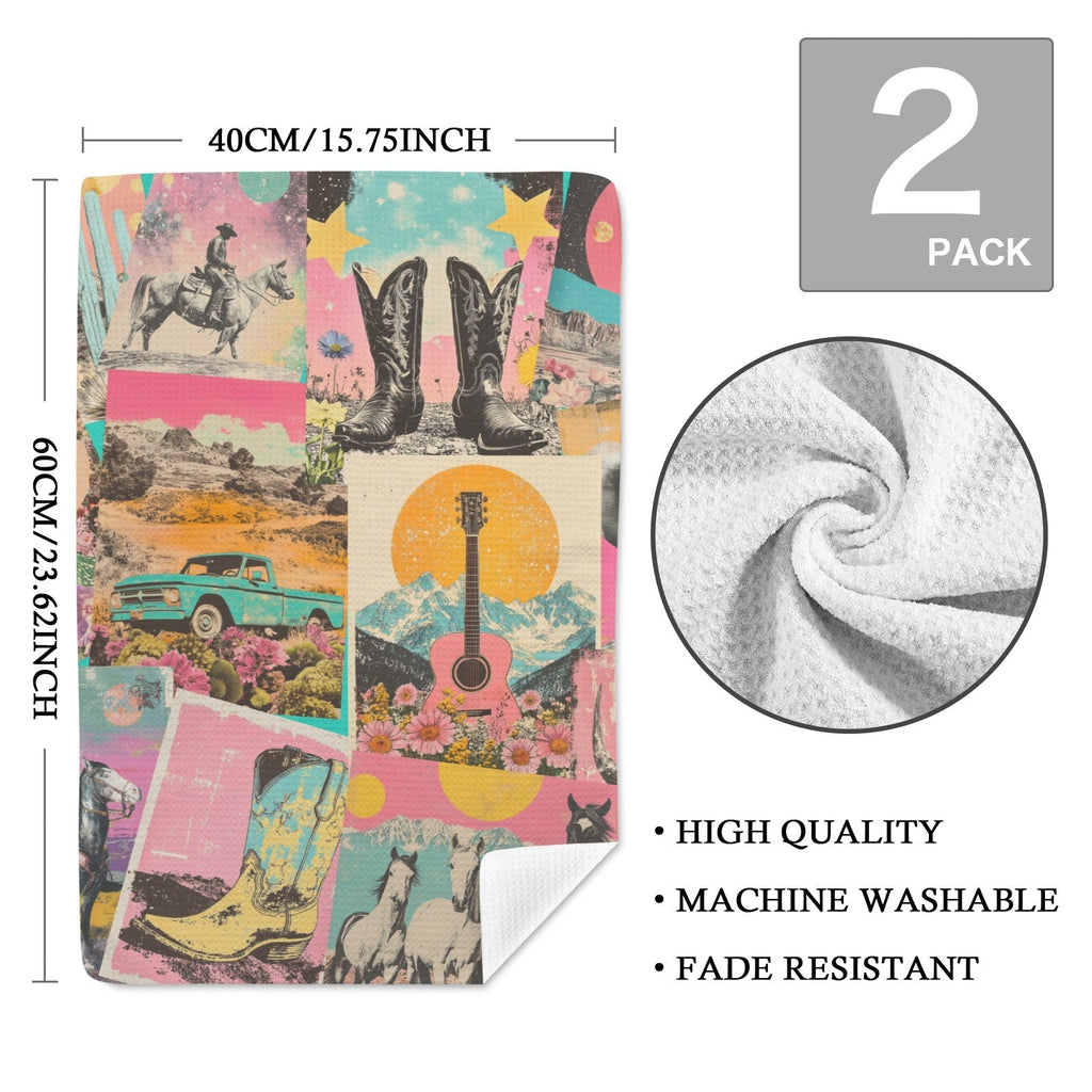 Retro Pop Western set of 2 Kitchen Dish Towels Made in America Baha Ranch Western Wear