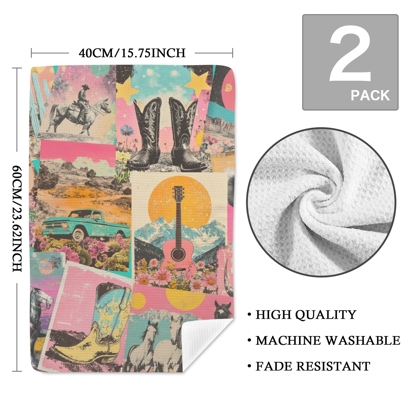 Retro Pop Western set of 2 Kitchen Dish Towels Made in America Baha Ranch Western Wear
