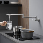 Pot Filler,Wall Mount Commercial Pot Filler Faucet,304 SS Material Kitchen Folding Faucet,Coffee Machine Faucet with Stretchable Double Joint Swing Arms,Style A,Black ened