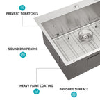 Modern Brushed Nickel 30 x 22 Inch Kitchen Sink Drop-In 16 Gauge Stainless Steel Single Bowl Topmount Basin