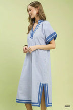 Umgee Pinstripe Contrast Trim Midi Dress