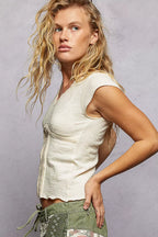 POL V-Neck Lightweight Textured Short Sleeve Knit Top with Lace Trim