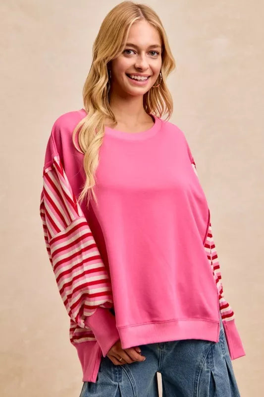 BiBi French Terry Stripe Combo Sweatshirt with Open Seam