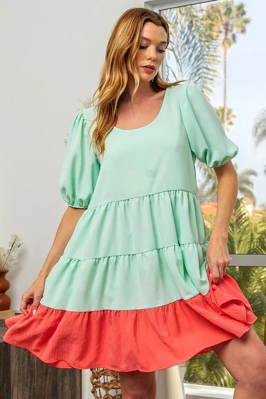 BiBi Two-Tone Balloon Sleeves U Neck Tiered Ruffle Hem Mini Dress