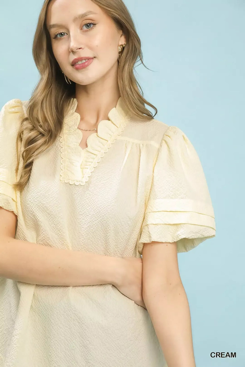 Umgee Textured Scallop Trim Puff Sleeve Blouse