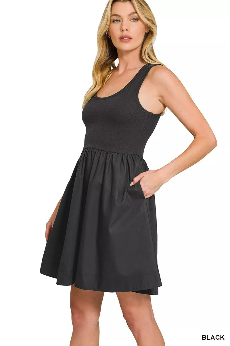 Zenana Combined Knit & Woven Midi Dress