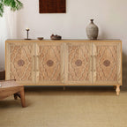 Carved Flower Door Large Storage Cabinet With Metal Handle Suitable For Living Room, Kitchen, Entryway(NATURAL WOOD)