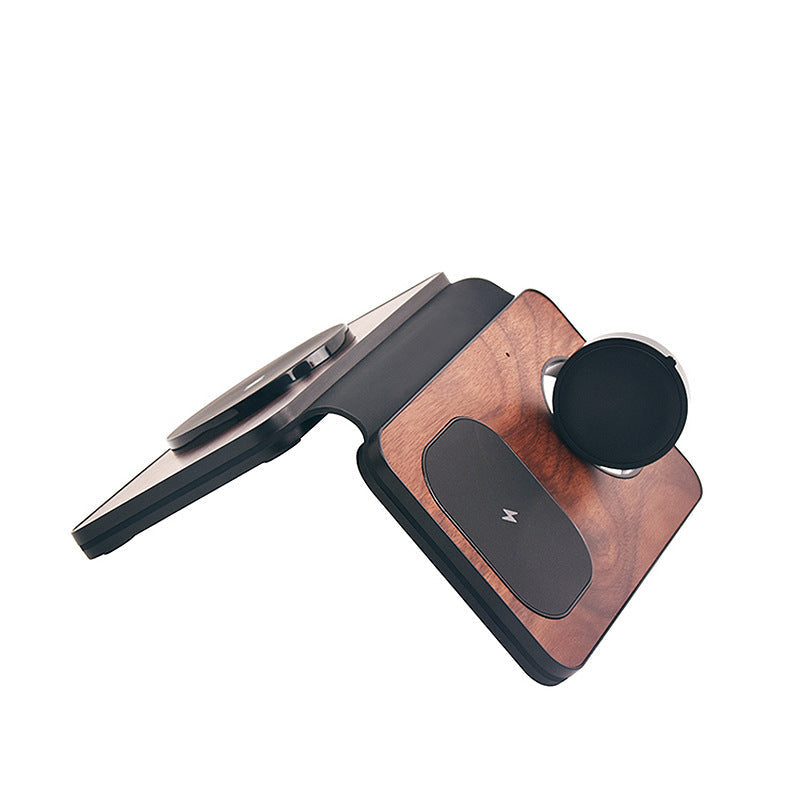 Three-in-one Walnut Magnetic Wireless Charger Portable Foldable Wireless Charger
