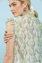 Umgee Floral Print Flutter Sleeve Split Neck Top