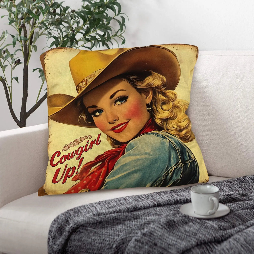 Vintage Cowgirl Up Throw Pillow Case 18 x 18 Made in America Baha Ranch Western Wear