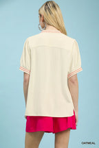Umgee Embroidery Linen Puff Sleeve Blouse