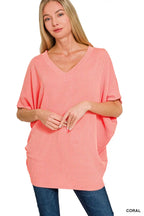 Zenana Raised Rib V-Neck Batwing Top