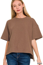 Zenana Full Size Double Knit Side Slits Hi Low Short Sleeve Top Plus Size