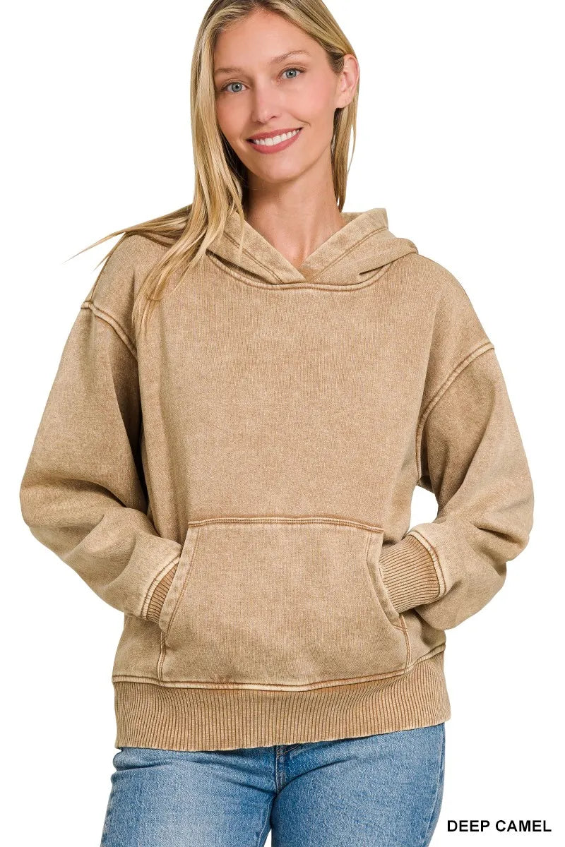 Zenana Fleece Acid Wash Kangaroo Pocket Hoodie