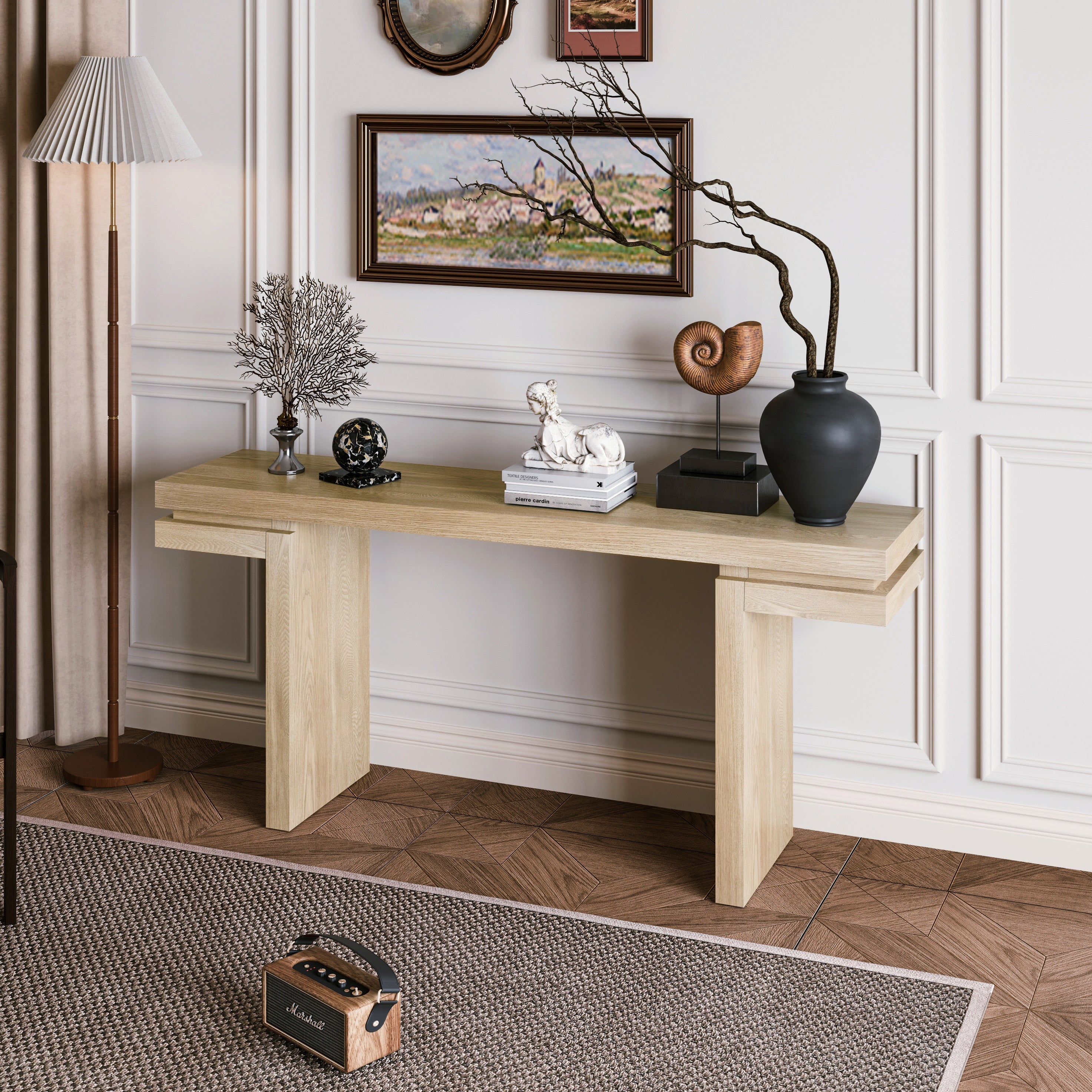 66' Extra Wide Real Wood Veneered Console Table, Minimalist Sofa Table Behind Couch for Entryway, Hallway, Living Room, Home Office, Distressed Oak