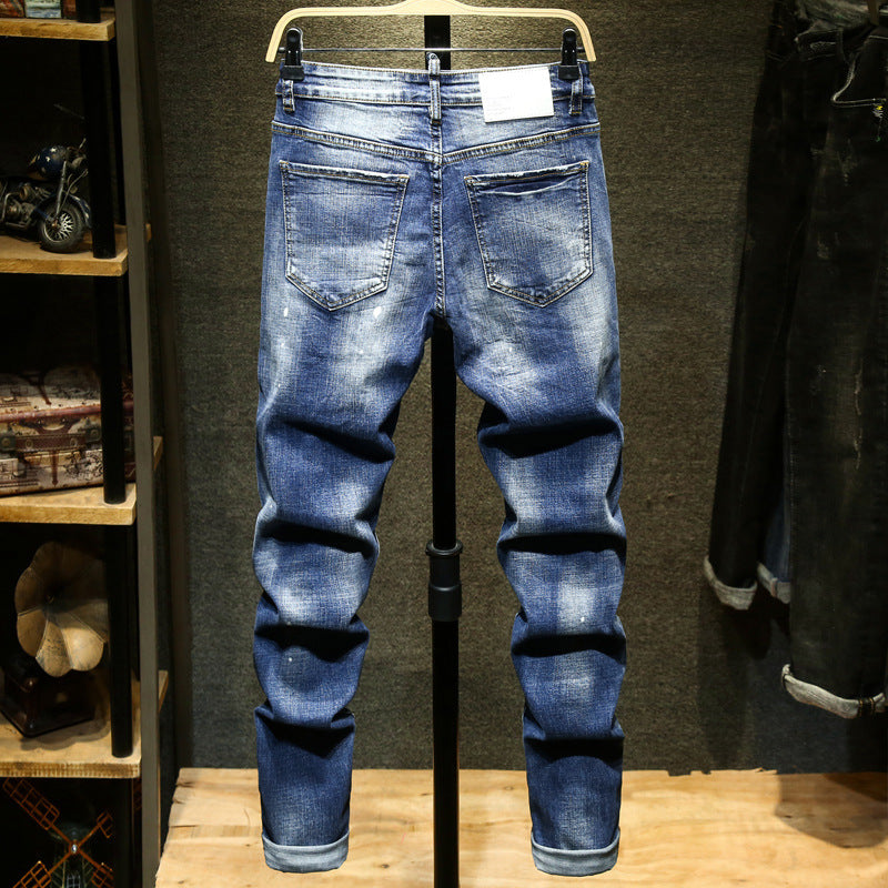 Men's Embroidered Printed Jeans Ripped Pants Slim-fit Straight Stretch Men's Pants
