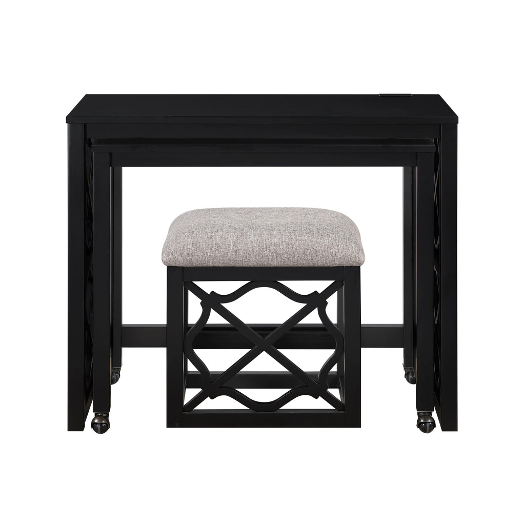 Desks and Stool Set 3pc Black Finish Rolling Desk with Casters, 2 Charging ports Home Office Furniture