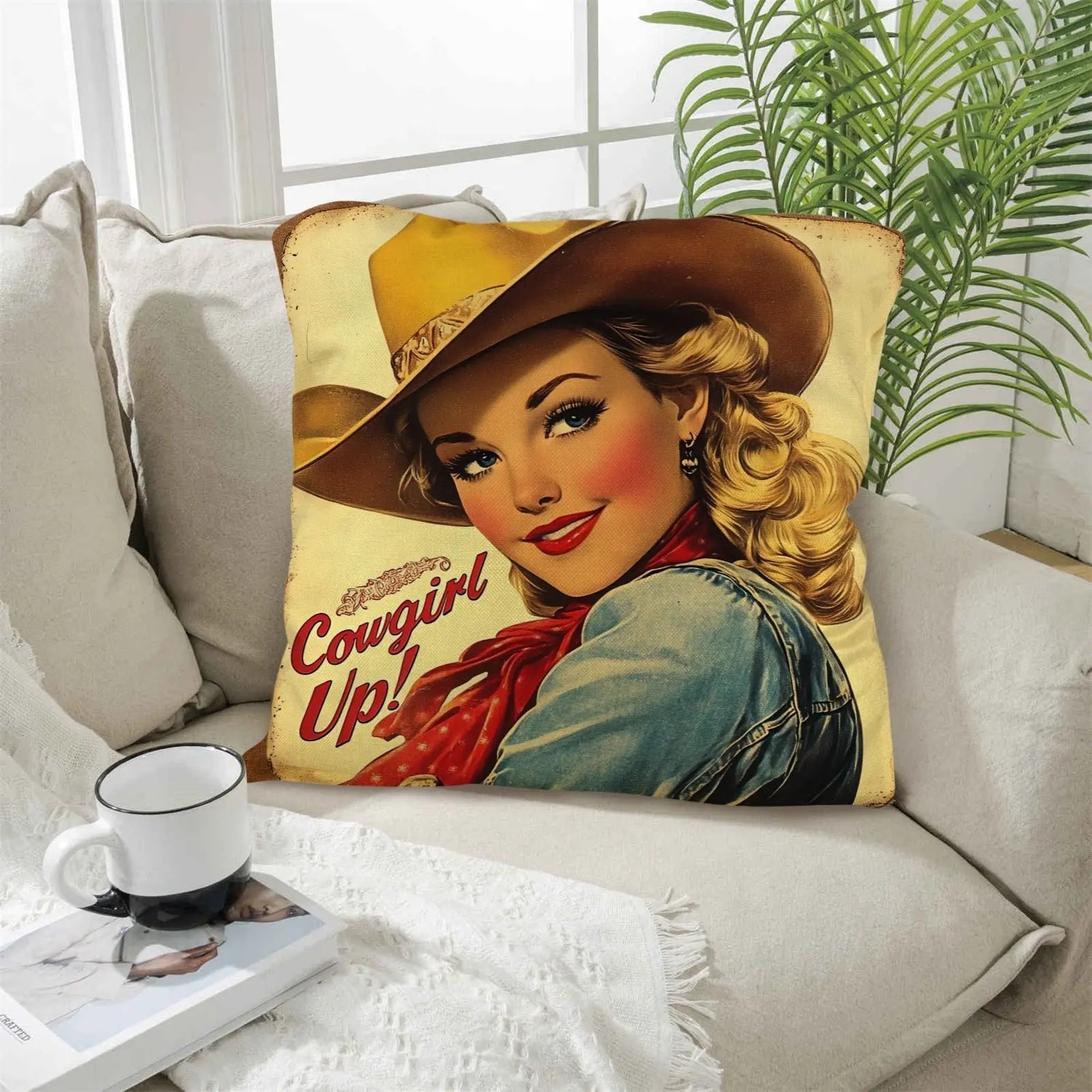 Vintage Cowgirl Up Throw Pillow Case 18 x 18 Made in America Baha Ranch Western Wear