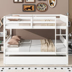 Full Over Full Rubber Wood Bunk Bed with Trundle, Ladder and Guardrails, Convertible to 2 Full Size Beds, with Twin Size Trundle,White