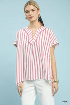 Umgee Mixed Stripe Split Neck Oversized Blouse