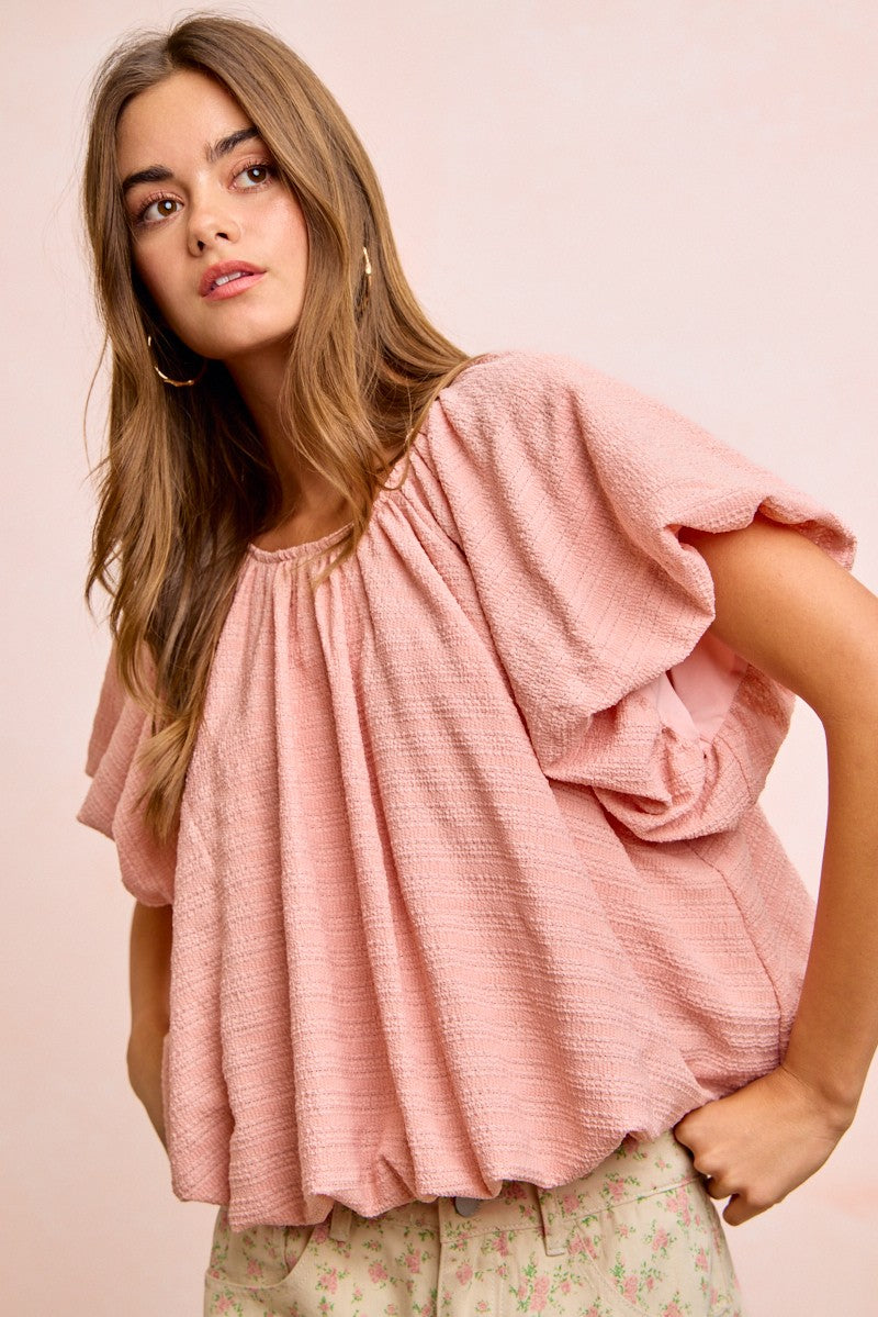 BiBi Stripes Textured Shirred Neckline Bubble Hem Top