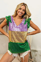 BiBi Mardi Gras Sequin Color Block Ruffled  Top