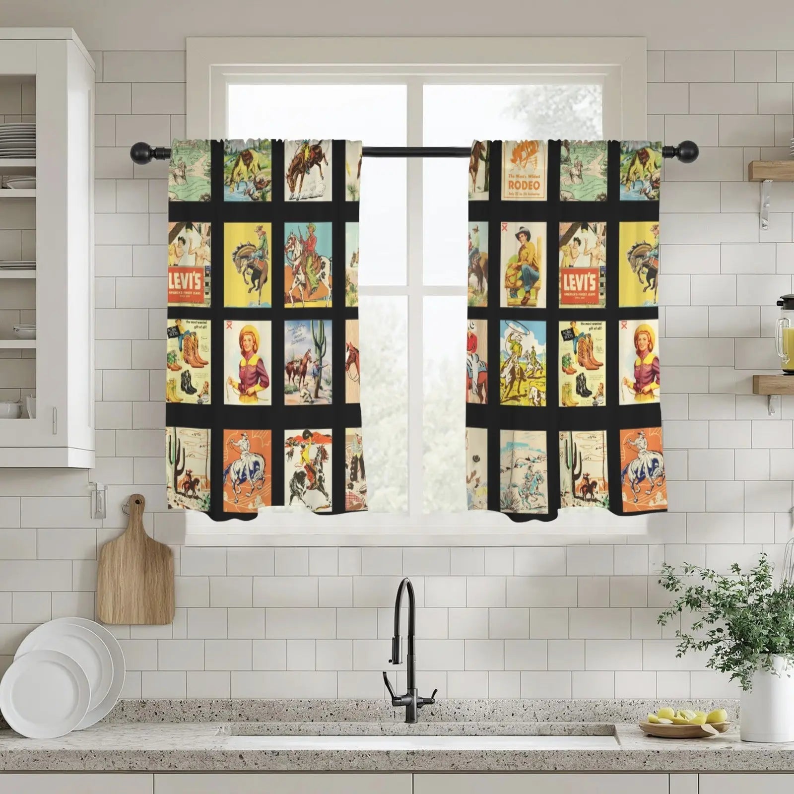 Vintage Western Collage Window Curtains 28"x40" (2-Piece)Made in America Baha Ranch Western Wear