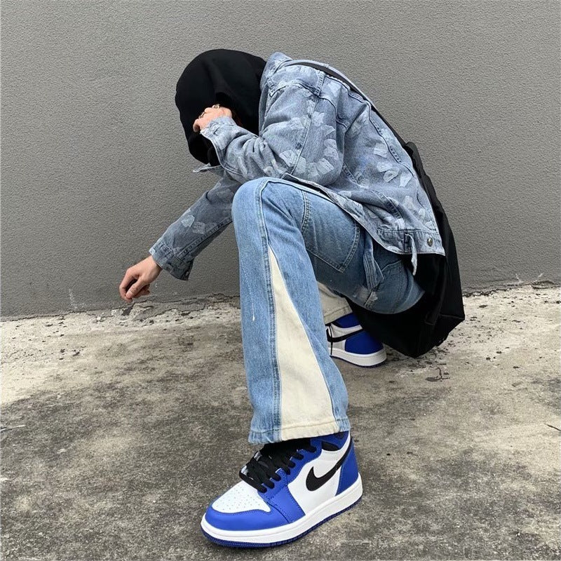Washed Splash-ink Stitching Jeans Men's Personalized Straight Pants