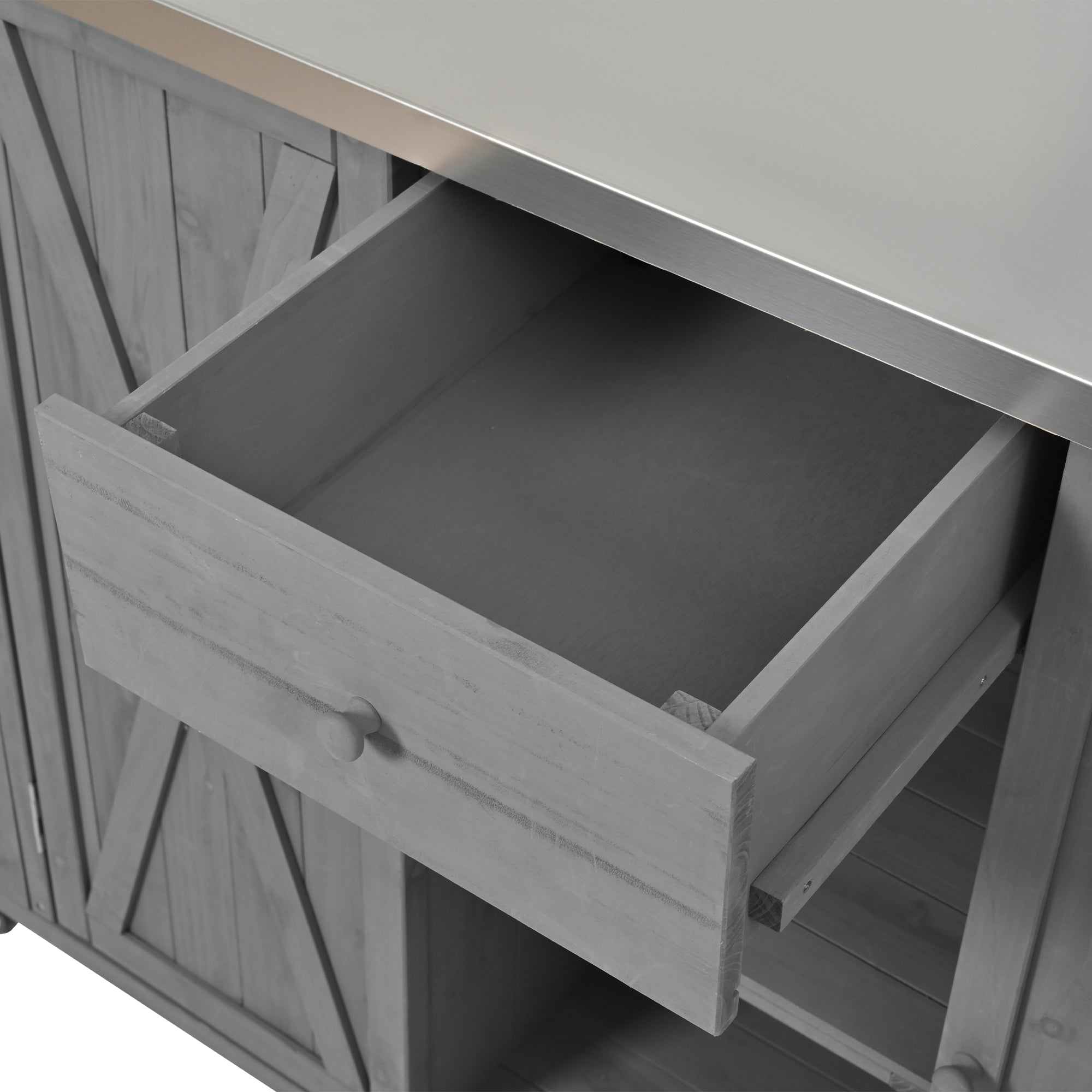 Outdoor Kitchen Island Fir Wood Kitchen Island with Stainless Steel Top, Ample Storage, Towel and Spice Racks, Bottle Opener, Grey