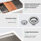 Farmhouse Double Bowl Workstation Kitchen Sink - 33 Inch Stainless Steel 16 Gauge Apron Front, Brushed Nickel Finish