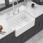 28 Inch White Farmhouse Sink Ceramic Single Bowl with Drain Assembly and Bottom Grid