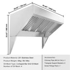 Commercial Exhaust Hood, 8FT Food Truck Hood Exhaust, 201 Stainless Steel Concession Trailer Hood with 4 Detachable U-shaped Grid Oil Filter Mesh, Rust Resistant Vent Hood for Kitchen Restaurant