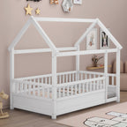 Twin Size Floor Wooden Bed with House Roof Frame, Fence Guardrails,White
