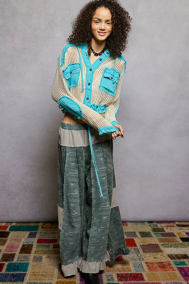 POL Texture Woven Button Down Hooded Shirt with Drawstring Hem