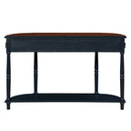 Retro Curved Wood Console Table, 52 inch Circular Half Moon Sofa Table with Open Shelf and 2 Drawers, Solid Wood Entry Table for Living Room, Hallway, Navy Blue + Brown Top