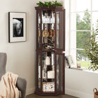 Lighted Corner Curio Cabinet - Glass Display Shelf with Tempered Glass Doors, Adjustable Shelving, and Included Bead Bulb - Ideal Bar Cabinet for Home Decor- DARK CHERRY