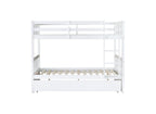 Full Over Full Rubber Wood Bunk Bed with Trundle, Ladder and Guardrails, Convertible to 2 Full Size Beds, with Twin Size Trundle,White