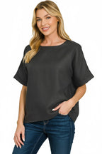 Zenana Linen Round Neck Cuffed Sleeve Top