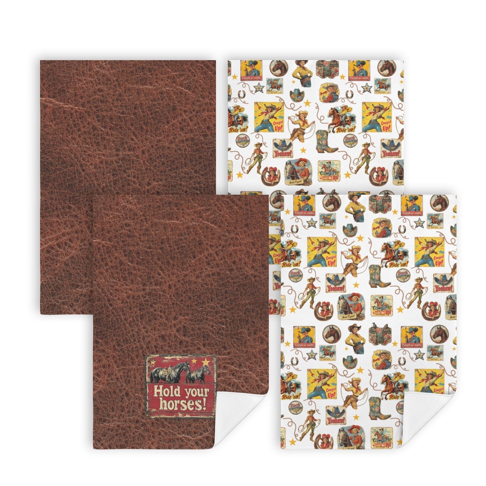 Vintage Cowgirls Set of 4 Kitchen Dish Towels Made in America Baha Ranch Western Wear