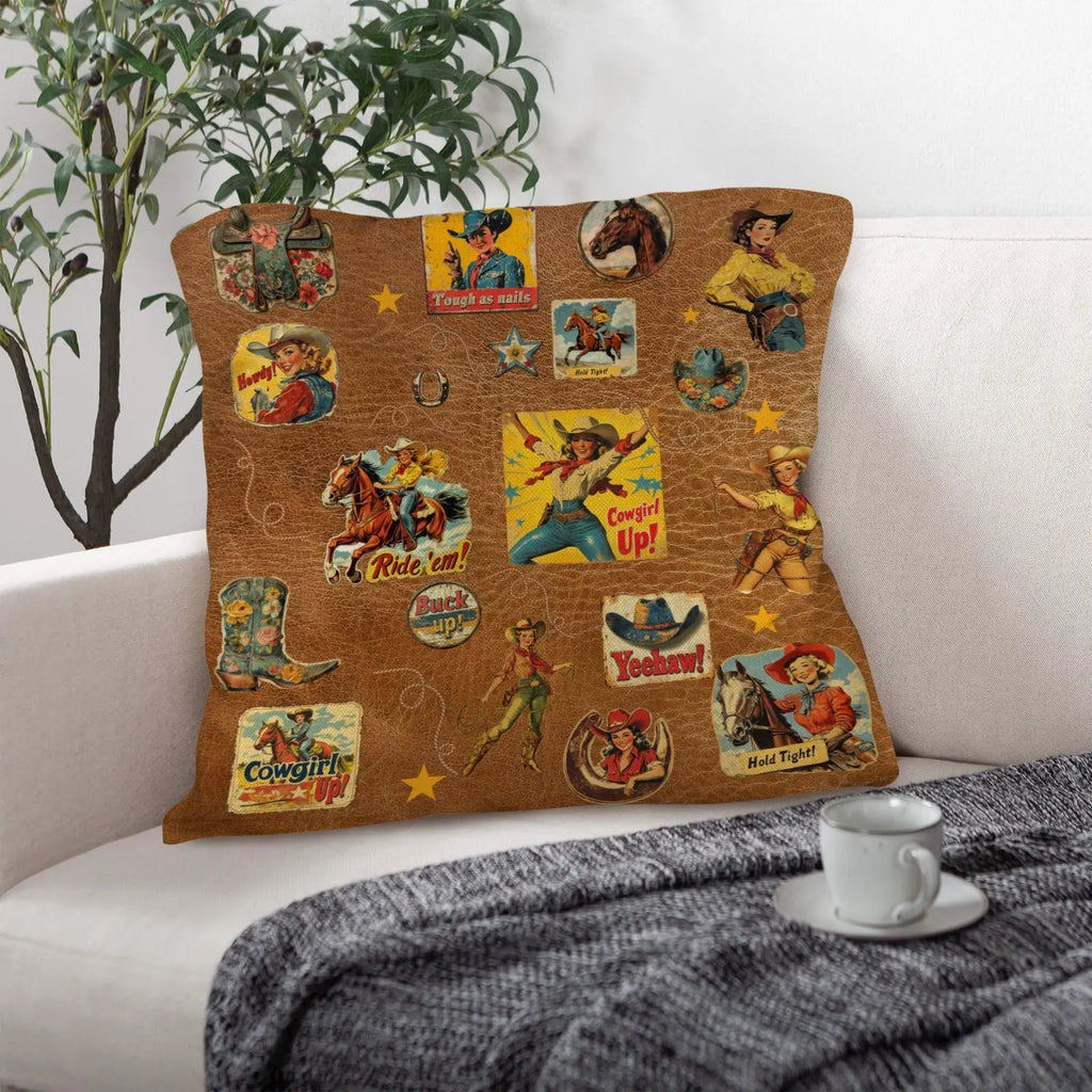 Vintage Cowgirl Collage Square Pillow Case 18x18 Made in America Baha Ranch Western Wear