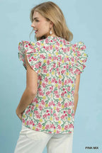 Umgee Floral Print Ruffle  Cap Sleeve Shirt