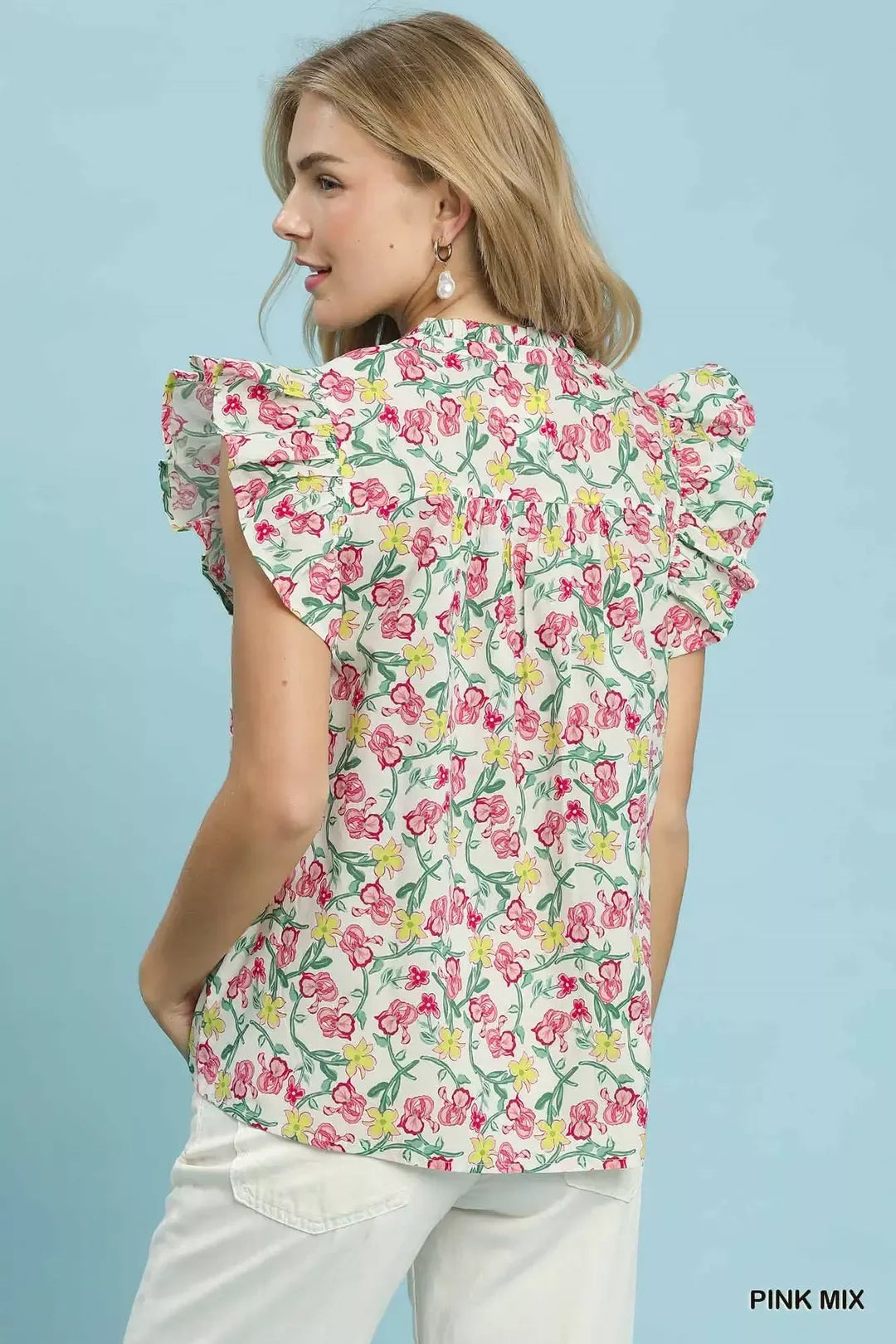 Umgee Floral Print Ruffle Cap Sleeve Shirt