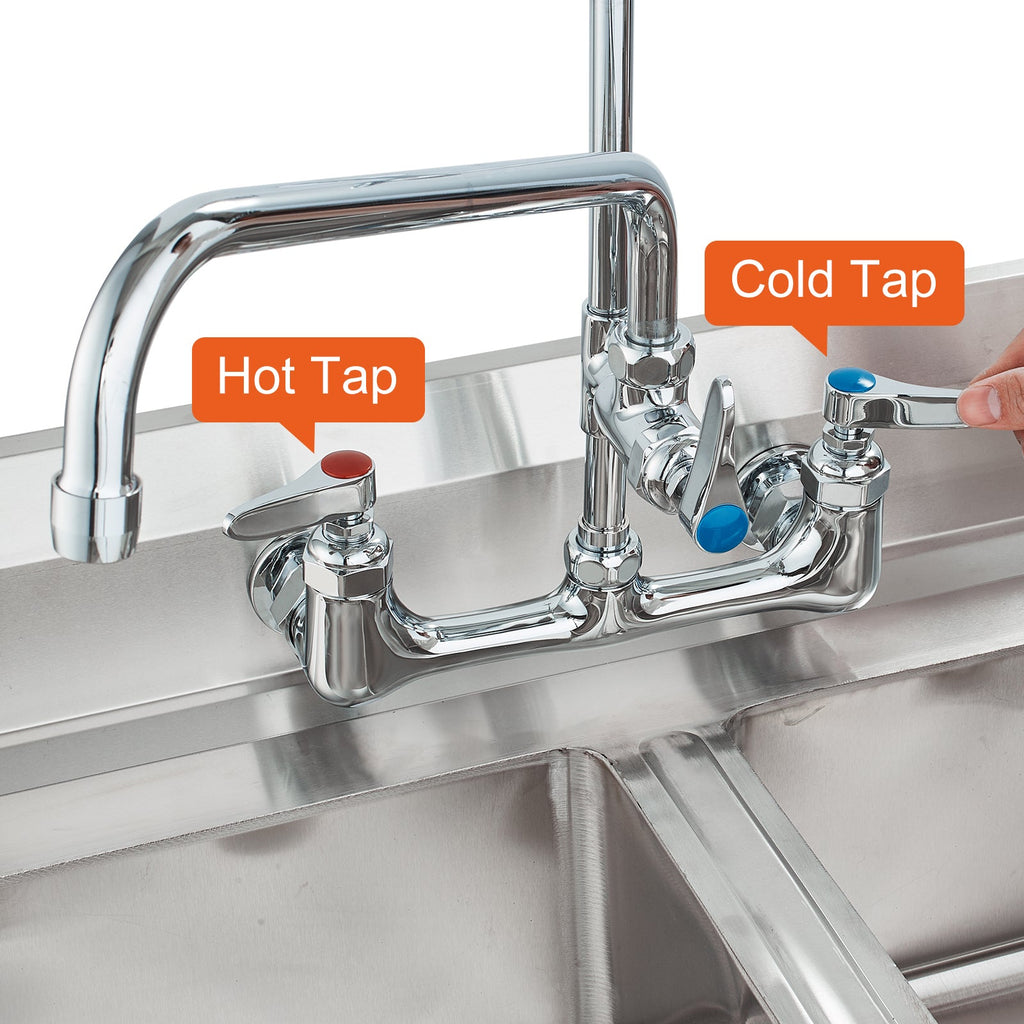 Commercial Faucet with Pre-Rinse Sprayer, 47' Height, 8' Center, 12' Swing Spout, Wall Mount Kitchen Sink Faucet, Brass Constructed Device with Pull Down Spray, for 1/2/3 Compartment Sink