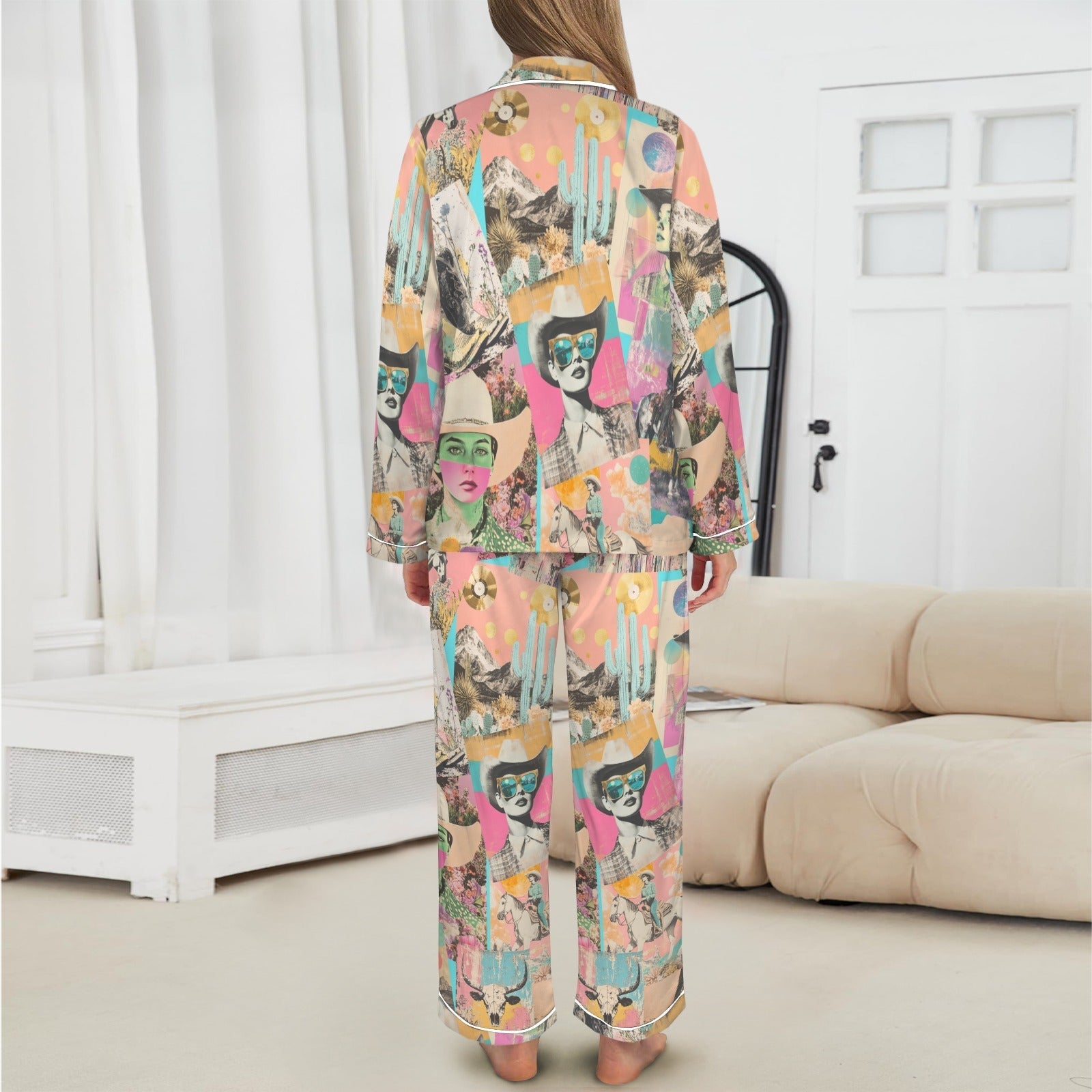 Baha Ranch Pop Western Collage Cowgirl Satin Pajamas Baha Ranch Western Wear